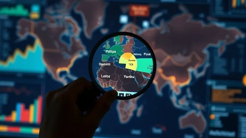 A photorealistic image of a person with a magnifying glass examining a complex digital map with highlighted market segments, representing niche identification and market research. The background shows blurred data charts and graphs, with cinematic lighting focusing on the magnifying glass and map, 8K, professional photography, sharp focus, depth of field, shot on a high-end DSLR.