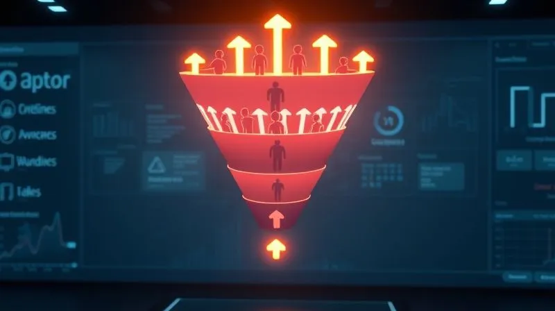 A photorealistic visualization of a digital sales funnel, with glowing arrows moving downwards. At the top, abstract representations of potential customers are entering, passing through stages like 'awareness', 'consideration', 'conversion', and exiting at the bottom as happy, engaged students. The background is a clean, futuristic digital interface with cinematic lighting, 8K, professional photography, sharp focus, depth of field, shot on a high-end DSLR.