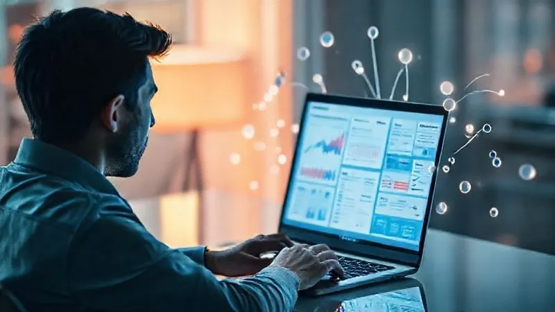 A photorealistic image of a person sitting at a desk, surrounded by a subtle aura of glowing data points and thought bubbles. They are looking intently at a laptop screen displaying market research graphs and customer feedback forms, symbolizing deep market validation. Cinematic lighting, sharp focus on the person and screen, depth of field blurring the background, 8K hyper-detailed, professional photography, shot on a high-end DSLR.