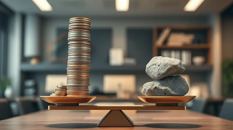Photorealistic image of a stack of various coins and bills forming a stable financial tower on one side of a balanced scale, while the other side shows a single, heavy, irregular rock representing financial uncertainty. The background is a soft, warm office environment, cinematic lighting, sharp focus on the scale, depth of field. 8K hyper-detailed, professional photography, shot on a high-end DSLR.