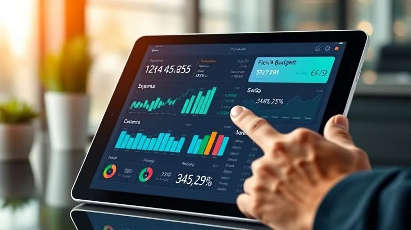 Photorealistic image of a sleek, modern digital financial dashboard displayed on a tablet, with various charts, graphs, and numbers representing income, expenses, and savings. A hand is interacting with the screen, highlighting a flexible budget section. The background is blurred, suggesting a professional, clean workspace. Cinematic lighting, sharp focus on the tablet screen, depth of field, 8K hyper-detailed, professional photography, shot on a high-end DSLR.
