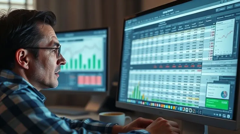 Photorealistic image of a freelancer looking thoughtfully at a computer screen displaying a complex financial spreadsheet with various charts and graphs, representing income and expenses over time. The freelancer has a focused expression, and there's a cup of coffee nearby. Cinematic lighting, sharp focus on the screen, depth of field, 8K, shot on a high-end DSLR.