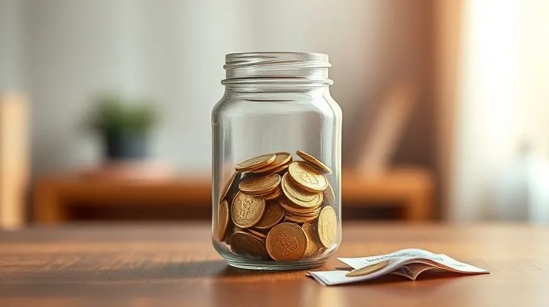 A photorealistic image of a clear glass jar on a wooden desk, slowly filling with golden coins and banknotes, symbolizing a growing emergency fund. The background is a soft, warm bokeh, suggesting a secure and calm environment. Cinematic lighting, sharp focus on the jar and money, depth of field, 8K, shot on a high-end DSLR.