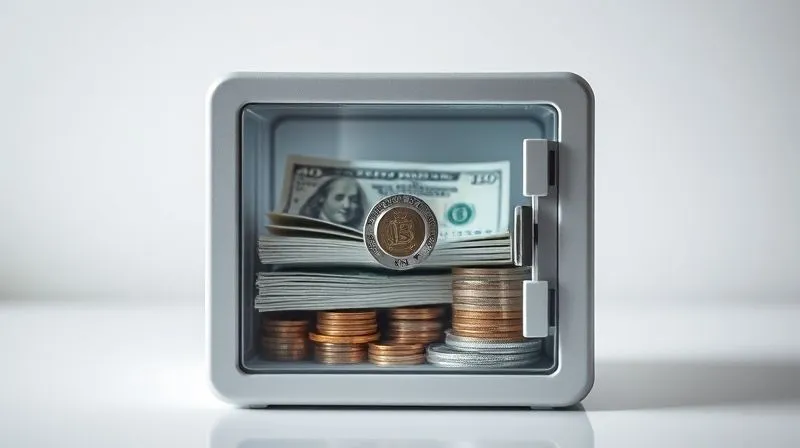 Photorealistic image of a locked, transparent safe box containing neatly stacked banknotes and coins, placed on a clean, minimalist surface. The background is softly blurred, suggesting a secure and organized financial environment. Cinematic lighting highlights the security of the money, sharp focus on the safe, depth of field, 8K, shot on a high-end DSLR.