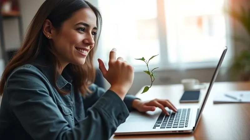 A photorealistic image of a thoughtful young female freelancer, sitting at her desk, reviewing financial charts and graphs on her laptop, with a satisfied and calm expression. Her hand rests on a small, growing plant, symbolizing financial growth and stability. Cinematic lighting, sharp focus on her face and the screen, depth of field, 8K, shot on a high-end DSLR.