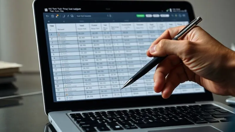 A photorealistic image of a digital ledger or spreadsheet on a laptop screen, showing various crypto transactions with dates, amounts, and asset types. A hand holding a pen hovers over the keyboard, suggesting meticulous record-keeping. Cinematic lighting, sharp focus, 8K hyper-detailed.