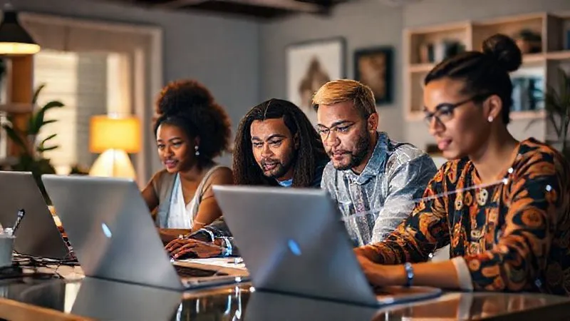 A photorealistic image of a diverse group of talented freelancers, each focused on their laptops, collaborating virtually on a complex project. The scene is bright and dynamic, with digital lines connecting them, symbolizing seamless teamwork across different locations. Cinematic lighting, sharp focus on their engaged faces, depth of field subtly blurring the background elements of their respective home offices. 8K hyper-detailed, professional photography, shot on a high-end DSLR.