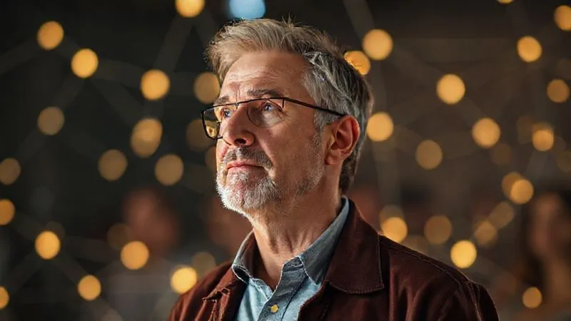 A photorealistic image depicting a freelancer, a man in his late 40s, with a calm and confident demeanor, standing amidst a subtle, glowing network of connected individuals (blurred in the background). He is looking forward, symbolizing vision and leadership. The atmosphere is collaborative and empowering. Cinematic lighting, sharp focus on the lead freelancer, with a soft depth of field emphasizing the interconnectedness of the team. 8K hyper-detailed, professional photography, shot on a high-end DSLR.
