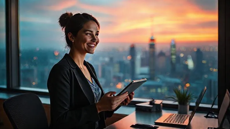 A photorealistic image of a freelancer, a woman with a confident smile, looking out a large window at a vibrant city skyline during sunset. She is holding a tablet, but her gaze is reflective and forward-looking, symbolizing future growth and achieved freedom. The desk behind her is organized and uncluttered, suggesting efficient workflow. Cinematic lighting, sharp focus on the freelancer's serene expression, with a soft depth of field on the city lights. 8K hyper-detailed, professional photography, shot on a high-end DSLR.