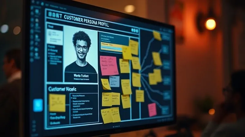 A photorealistic image of a detailed customer persona profile on a digital screen, with sticky notes and mind maps around it, illustrating the journey from problem to solution. Cinematic lighting, sharp focus, depth of field. 8K hyper-detailed, professional photography, shot on a high-end DSLR.
