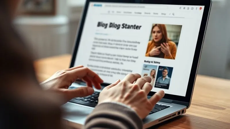 A photorealistic image of a detailed blog post on a laptop screen, with a freelancer's hands typing. The screen displays compelling headlines and visually appealing sections. Cinematic lighting, sharp focus on the screen and hands, depth of field blurring the background. 8K hyper-detailed, professional photography, shot on a high-end DSLR.