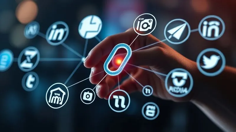 A photorealistic image of a freelancer's hand connecting digital link chains between various website logos, symbolizing backlink building. The chains glow with a subtle light, indicating connection and authority. Cinematic lighting, sharp focus on the hands and digital elements, depth of field blurring the background. 8K hyper-detailed, professional photography, shot on a high-end DSLR.