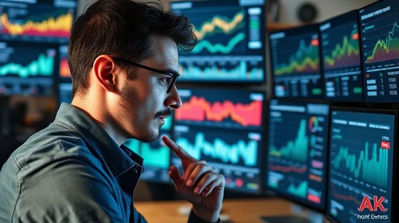 A photorealistic image of a freelancer analyzing various digital charts and graphs on multiple screens, showing website traffic, keyword rankings, and conversion rates. The freelancer has a thoughtful, analytical expression. Cinematic lighting, sharp focus on the screens and freelancer's face, depth of field blurring the office background. 8K hyper-detailed, professional photography, shot on a high-end DSLR.