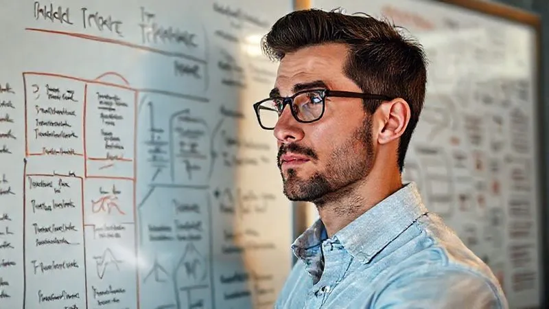 A photorealistic image of a freelancer looking confidently at a whiteboard filled with strategic ideas, value propositions, and problem-solving diagrams, illuminated by cinematic lighting. The freelancer has a thoughtful, determined expression, symbolizing a shift from task-oriented thinking to value-driven strategy. 8K, sharp focus, depth of field, shot on a high-end DSLR.
