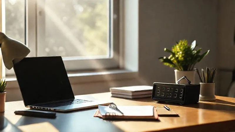 A photorealistic image showing a minimalist, organized desk setup with a laptop, a planner, and a smart clock indicating focused work. Sunlight streams through a window, highlighting a sense of calm productivity. The background is slightly blurred to emphasize the desk. 8K, cinematic lighting, sharp focus, depth of field, shot on a high-end DSLR.