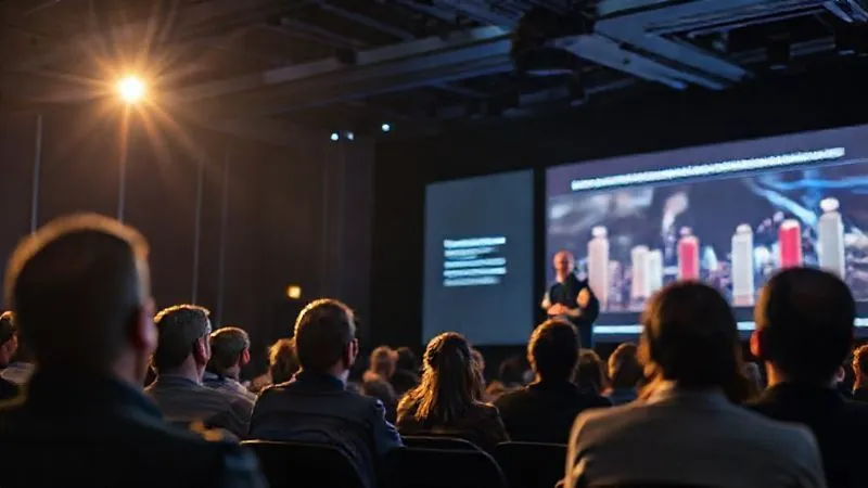A photorealistic image of a freelancer presenting confidently at a professional conference, with a spotlight on them. The audience is engaged, and a large screen behind shows a compelling presentation slide. The atmosphere is one of expertise and authority. 8K, cinematic lighting, sharp focus, depth of field, shot on a high-end DSLR.