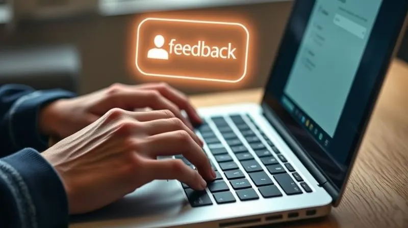 A photorealistic close-up of a freelancer's hands typing on a laptop, with a vibrant, glowing "feedback" icon hovering above the keyboard. The screen shows a survey form. Cinematic lighting, sharp focus on hands and screen, depth of field blurring the background, 8K hyper-detailed, professional photography.