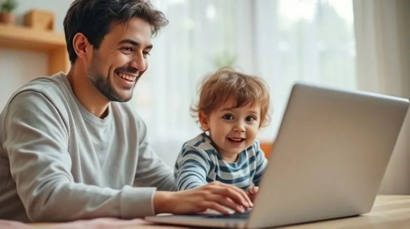 A photorealistic, vibrant scene of a freelancer joyfully interacting with a child while a laptop subtly displays analytics showing upward trends in the background. The freelancer is teaching or playing with the child. Soft, natural light fills the room, creating a warm, inviting atmosphere. Sharp focus on the interaction, with depth of field blurring the background elements, 8K hyper-detailed, professional photography.