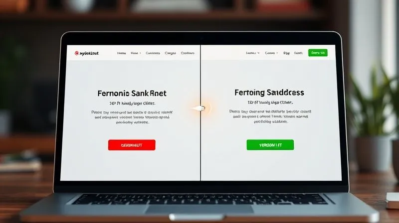 A photorealistic split screen showing two versions of a landing page (A and B) side-by-side on a laptop. Version A has a red CTA button, Version B has a green CTA button. A glowing cursor hovers over the green button in Version B, indicating higher interaction. Cinematic lighting, sharp focus on the laptop screen, depth of field blurring the background, 8K hyper-detailed, professional photography.