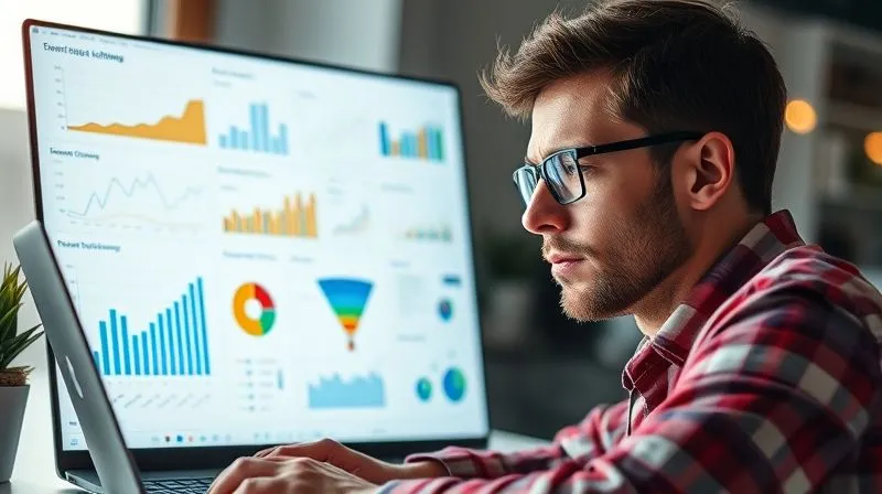 A photorealistic image of a freelancer looking thoughtfully at a laptop screen displaying complex but clear data visualizations – charts, graphs, and a funnel diagram. The freelancer has a determined expression, surrounded by a subtle aura of innovative thinking. Cinematic lighting, sharp focus on the screen and face, depth of field blurring the background, 8K hyper-detailed, professional photography.