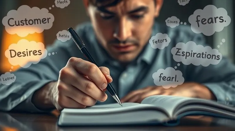 A photorealistic image of a person deeply focused, holding a pen over a notebook, surrounded by thought bubbles representing customer desires, fears, and aspirations, with a subtle glow, cinematic lighting, 8K, professional photography, sharp focus.