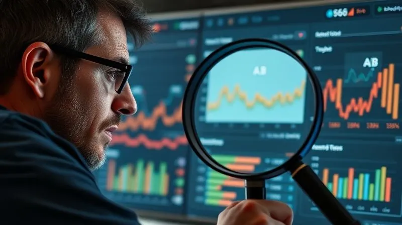 A photorealistic image of a freelancer analyzing a dashboard with multiple graphs showing different A/B test results, with a magnifying glass over a specific metric, cinematic lighting, 8K, professional photography, sharp focus.