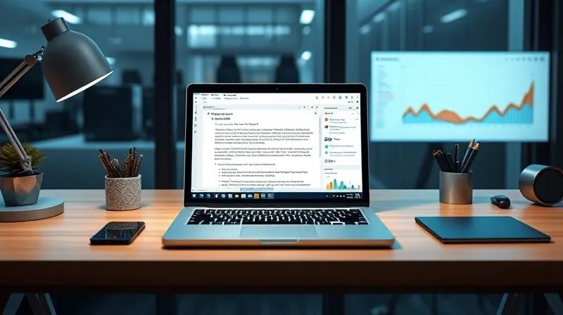 A photorealistic image of a modern desk with various digital tools open on a laptop screen (e.g., a text editor with grammar suggestions, a keyword research tool interface, an analytics dashboard), representing the digital toolkit of a freelancer, cinematic lighting, 8K, professional photography, sharp focus.
