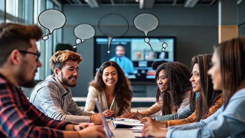 A photorealistic image of a diverse group of students actively participating in an online course, with thought bubbles above their heads indicating new ideas and learning. A professional instructor is visible on a screen, fostering engagement. Cinematic lighting, sharp focus on the students' expressions of understanding, depth of field blurring the background of a modern learning environment. 8K hyper-detailed, professional photography, shot on a high-end DSLR.