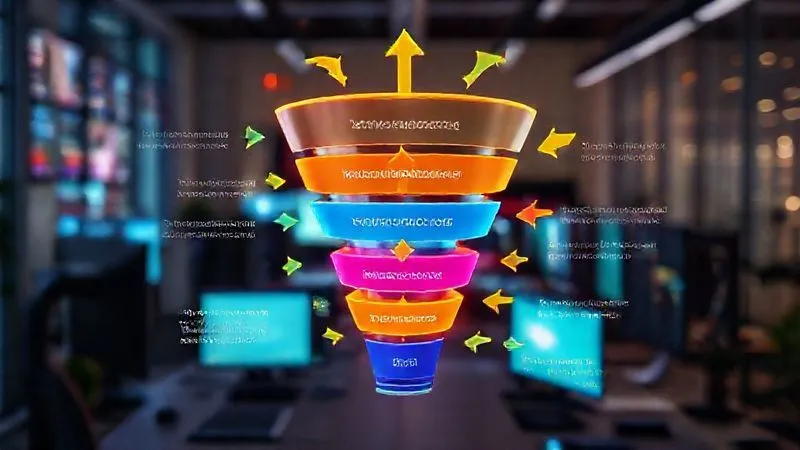 A photorealistic image of a vibrant and complex digital marketing funnel, with arrows illustrating traffic flow, conversion points, and customer retention strategies. Bright, dynamic colors, cinematic lighting, sharp focus on the funnel stages, depth of field blurring a background of a modern office with multiple screens. 8K hyper-detailed, professional photography, shot on a high-end DSLR.