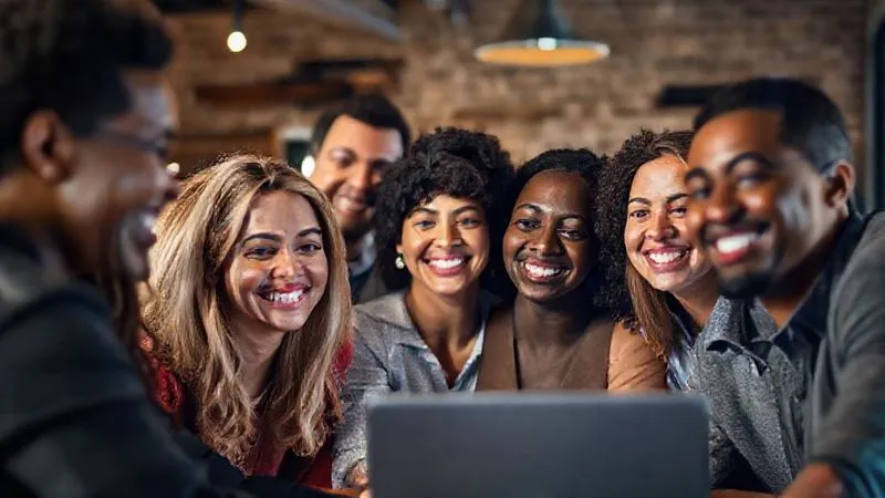 A professional photography shot of a diverse group of people, smiling and interacting in a virtual community setting, possibly on a video call or a social media group interface. The atmosphere is collaborative and supportive, with elements suggesting learning and shared goals. Cinematic lighting, sharp focus on the faces, depth of field blurring a background of digital connections. 8K hyper-detailed, shot on a high-end DSLR.