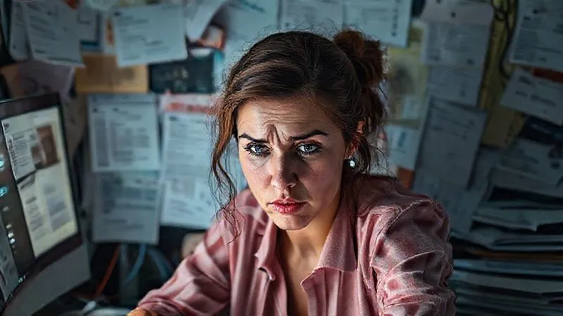 Photorealistic image of a freelancer looking overwhelmed at a desk cluttered with multiple open browser tabs, unread emails, and conflicting calendar notifications. Her face shows stress and confusion, with cinematic lighting highlighting the chaotic environment. Sharp focus on the freelancer's expression and the digital clutter, with a subtle depth of field. 8K hyper-detailed, professional photography.