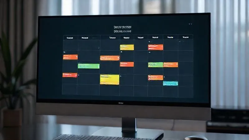 Photorealistic image of a perfectly time-blocked digital calendar on a high-resolution monitor, showing distinct color-coded blocks for different types of tasks (e.g., 'Deep Work,' 'Client Meetings,' 'Admin,' 'Breaks'). The calendar is clean, organized, and easy to read, with soft, ambient lighting. Sharp focus on the calendar interface, depth of field blurring the background. 8K hyper-detailed, professional photography.