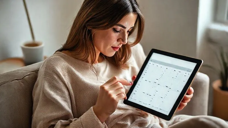 Photorealistic image of a calm and reflective female freelancer reviewing her digital agenda on a tablet, with a cup of coffee beside her. She is in a comfortable, well-lit space, perhaps a minimalist home office or a co-working space. The tablet screen shows a clear, organized schedule. Sharp focus on her face and the tablet, with soft depth of field. The mood is one of quiet control and planning. 8K hyper-detailed, professional photography.