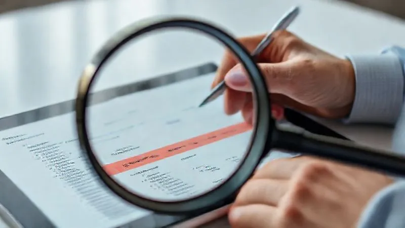 A photorealistic image of a magnifying glass hovering over a detailed Google Ads report on a tablet, highlighting negative keywords in red, with a freelancer's hand making notes. The scene is set in a focused, analytical environment with soft, professional lighting. 8K, sharp focus, depth of field, professional photography.
