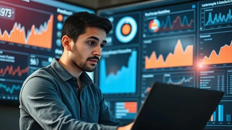 A photorealistic image of a freelancer analyzing a dashboard with various charts and graphs, representing user feedback and website analytics. The freelancer has a thoughtful expression, surrounded by digital screens displaying data, with a focused beam of light on a specific feedback section. Cinematic lighting, 8K, sharp focus, depth of field, professional photography, shot on a high-end DSLR.