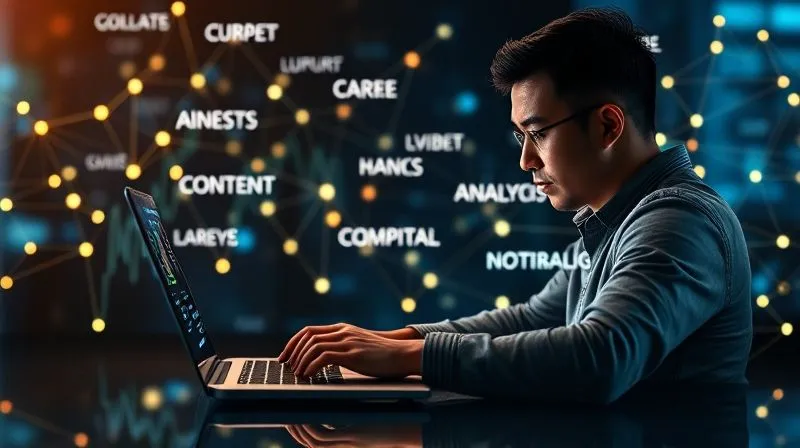 A photorealistic image of a freelancer typing on a laptop, surrounded by a luminous web of interconnected keywords and content ideas, representing a sophisticated SEO and content marketing strategy. The background shows subtle digital analytics graphs. Cinematic lighting, 8K, sharp focus on the freelancer and keywords, depth of field, professional photography, shot on a high-end DSLR.