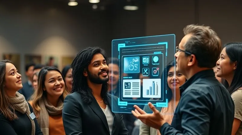 A photorealistic image of a diverse group of people (representing an audience) looking up with admiration and trust at a confident freelancer, who is presenting a digital product on a holographic screen. The freelancer exudes authority and empathy. Cinematic lighting, 8K, sharp focus on the interaction, depth of field, professional photography, shot on a high-end DSLR.