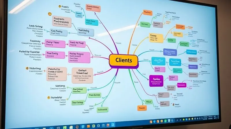 A photorealistic close-up of a digital mind map displayed on a large monitor, showing interconnected branches for 'Clients', 'Projects', 'Marketing', and 'Finances'. Each branch is color-coded with sub-branches detailing tasks, deadlines, and progress. The screen is vibrant with icons and short keywords, reflecting clarity and organization. Cinematic lighting, sharp focus, depth of field, 8K hyper-detailed, professional photography, shot on a high-end DSLR.