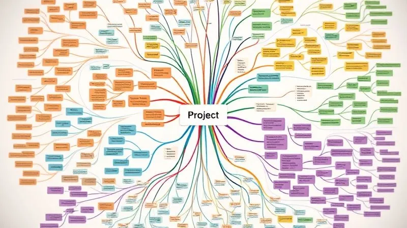 A photorealistic, highly detailed mind map showing interconnected project branches for multiple clients. Different clients are represented by distinct color themes, with sub-branches for tasks, deadlines, and resources. Some branches show overlapping dependencies or shared resources. The overall impression is one of complex but organized information, with clear paths and priorities. Cinematic lighting, sharp focus, depth of field, 8K hyper-detailed, professional photography, shot on a high-end DSLR.