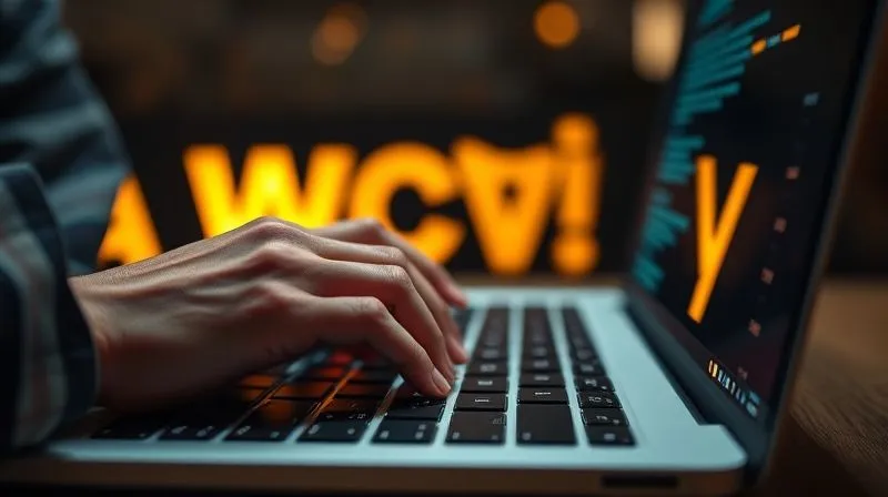 A photorealistic close-up of a person's hand typing compelling copy on a laptop keyboard, with vibrant, glowing words appearing on the screen, symbolizing persuasive writing. Cinematic lighting, sharp focus on the hands and screen, depth of field blurring the background, 8K hyper-detailed, professional photography.