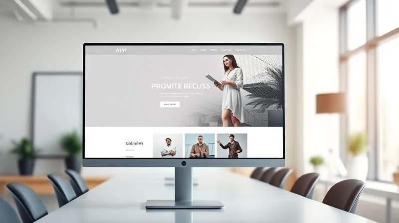 A photorealistic minimalist website interface on a large monitor, clean design with ample white space, a prominent call-to-action button, and a high-quality, relevant hero image. Cinematic lighting, sharp focus on the screen, depth of field blurring the office background, 8K hyper-detailed, professional photography.