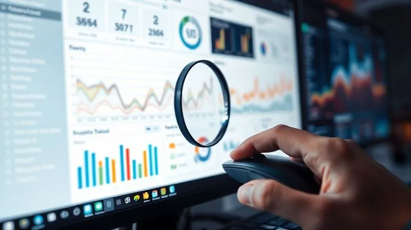 A photorealistic image of a digital dashboard displaying various analytical charts and heatmaps, with a magnifying glass hovering over a conversion rate graph. The screen is vibrant with data visualizations. Cinematic lighting, sharp focus on the dashboard, depth of field blurring a user's hands on a mouse, 8K hyper-detailed, professional photography.