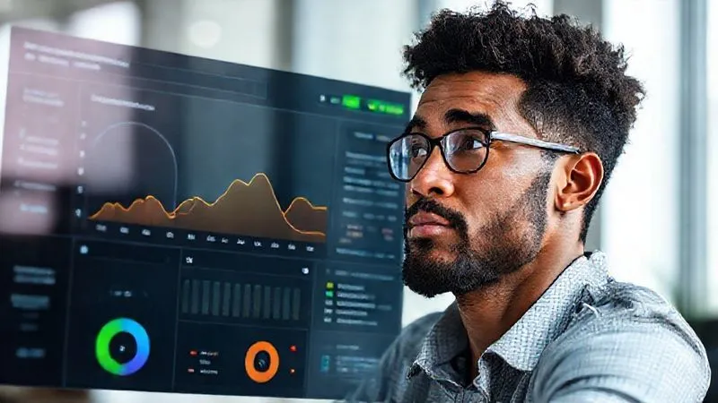 A photorealistic image of a determined freelancer, perhaps a person of diverse ethnicity, with a thoughtful expression, looking at a digital dashboard where positive and constructive feedback is represented as growth curves and actionable insights. The background is a modern, clean workspace. Cinematic lighting, sharp focus, depth of field, 8K hyper-detailed.