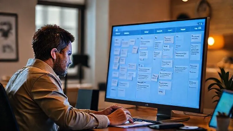 A photorealistic image of a freelancer, perhaps a person with a focused expression, sitting at a desk and meticulously organizing feedback notes into categories on a large digital screen. The screen displays a mind map or a Kanban board with "To Do," "In Progress," and "Done" columns. Cinematic lighting, sharp focus on the freelancer and screen, depth of field, 8K hyper-detailed.