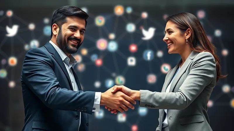 A photorealistic image showing two diverse professionals, a male and a female, shaking hands with genuine smiles, symbolizing a successful strategic partnership. In the background, a subtle network of glowing lines connects various social media icons and digital marketing symbols, representing collaboration and viral reach. Cinematic lighting, sharp focus on the handshake, depth of field blurring the background, 8K hyper-detailed, professional photography, shot on a high-end DSLR.