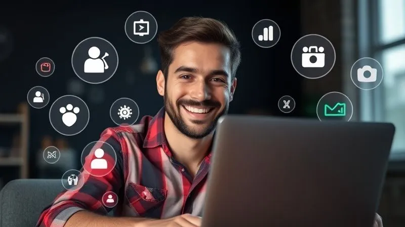 A photorealistic, professional photography, 8K, cinematic lighting, sharp focus, depth of field, shot on a high-end DSLR, of a freelancer smiling confidently in front of a laptop, with various app icons (representing automation tools) subtly glowing around the screen, conveying efficiency and smart work.