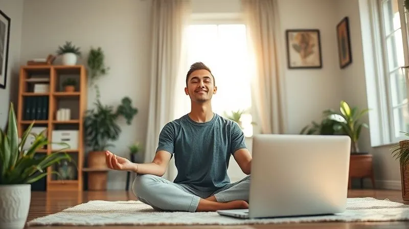 A photorealistic, professional photography, 8K, cinematic lighting, sharp focus, depth of field, shot on a high-end DSLR, of a freelancer meditating calmly in a serene, sunlit home office, with a laptop closed beside them, conveying peace and work-life balance.