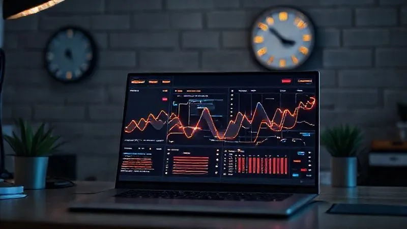 A photorealistic image of a freelancer's desk with a laptop displaying a complex project management dashboard, where AI-powered automation sequences are visually represented as glowing lines connecting various tasks like coding, testing, and client communication. A clock on the wall shows significant time saved. Cinematic lighting, sharp focus on the dashboard, depth of field blurring the background. 8K hyper-detailed.