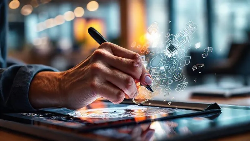 A photorealistic image of a designer's hand sketching on a digital tablet, with AI-generated design elements (like intricate patterns, color palettes, and UI components) appearing dynamically around the sketch. The scene is vibrant and full of creative energy, with cinematic lighting emphasizing the interplay between human creativity and AI assistance. Sharp focus on the tablet and hand, depth of field blurring a modern studio background. 8K hyper-detailed.