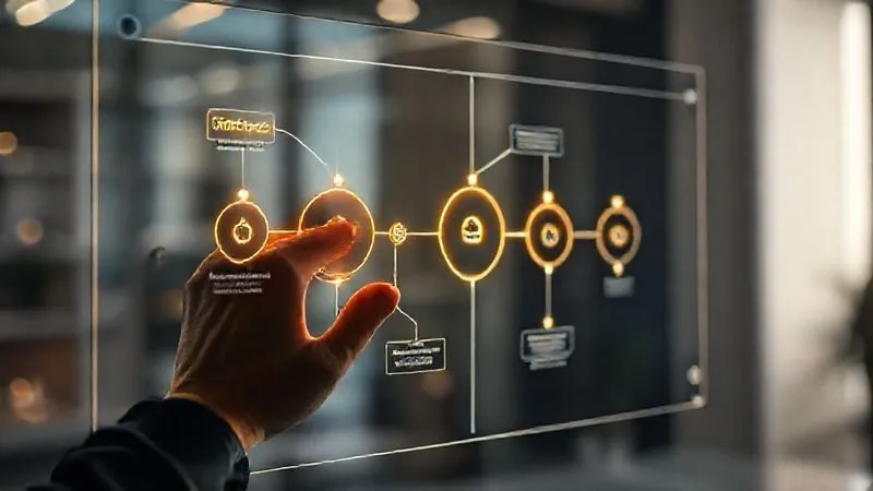 A photorealistic image of a detailed workflow diagram being constructed on a transparent digital screen, with various AI tools represented as glowing nodes connecting different project phases like 'Ideation', 'Development', 'Testing', and 'Deployment'. A freelancer's hand is seen interacting with the screen, strategically placing and connecting these AI elements. Cinematic lighting, sharp focus on the workflow diagram, depth of field blurring a modern, organized workspace. 8K hyper-detailed.